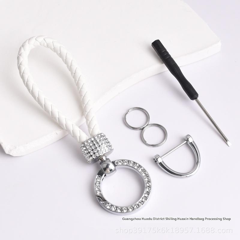 Handcrafted Braided Rope Keychain Sparkling Rhinestones - Stylish Monochrome Car Key Ring Fashion-Forward Accessory