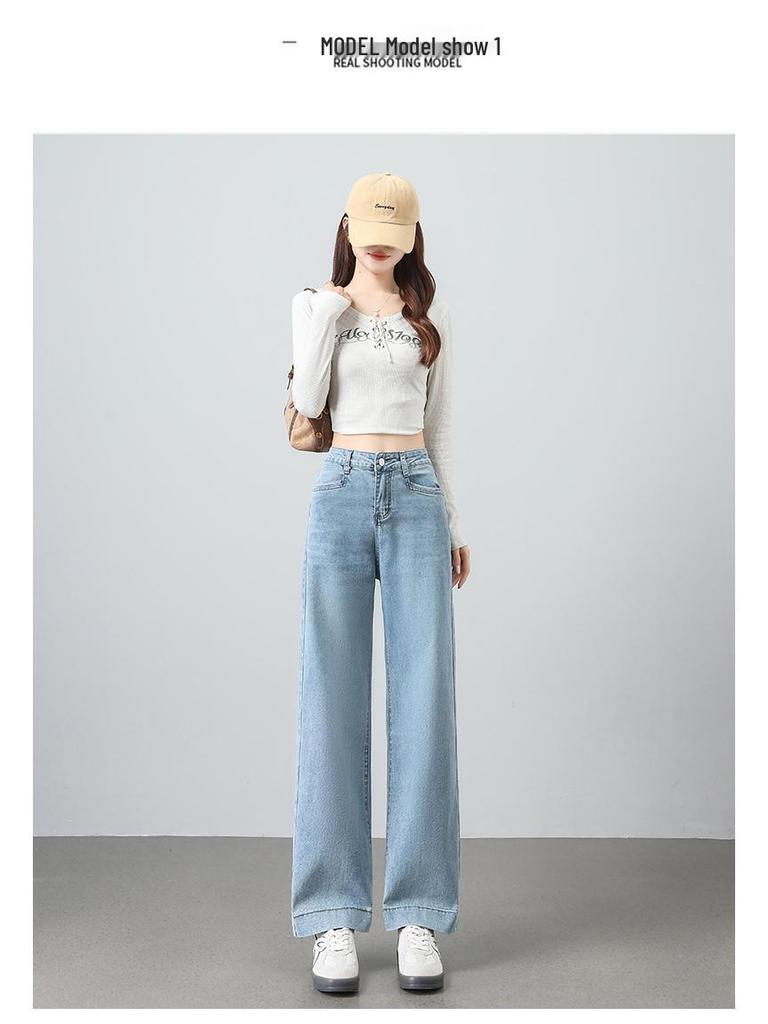 Women's High-Waisted Light Blue Wide-Leg Jeans - Slim, Loose Fit, Nine-Tenths Length, Spring 2026