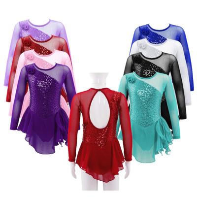 Mädchen Langarm Glänzende Pailletten Schlüsselloch Zurück Ballett Tanz Gymanstics Trikot Kleid Eiskunstlauf Kleid Dancewear