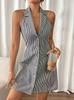 Women Sleeveless Halter Lapel Mini Dress, Blue White Vertical Striped Front Button Down Slim Fit Flared Hem Casual Shirt Dress
