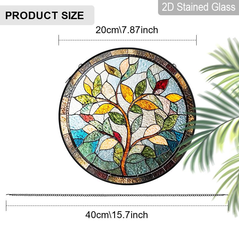 2D Flat Stained Glass Nature Branches and Leaves Window Decoration, 6.3/7.87inches Colored Glass Plate with Chain, Charming Spring Summer Sun Catcher