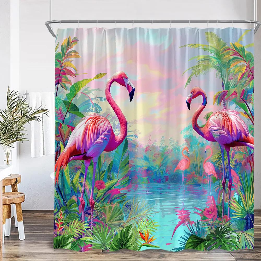 Flamingo Shower Curtain Set Pink Bird Tropical Leaf Rainforest Jungle Bathroom Decor Spring Summer Bath Mat Toilet Lid Cover