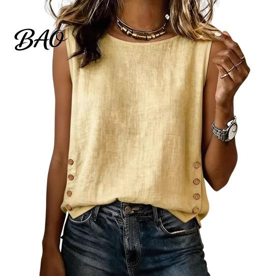 Soft Blouse Summer Tops for Women, Round Neck Sleeveless Pullover Tops, Pure Color Stretchy Breathable Regular Fit Vest Work Party Vacation