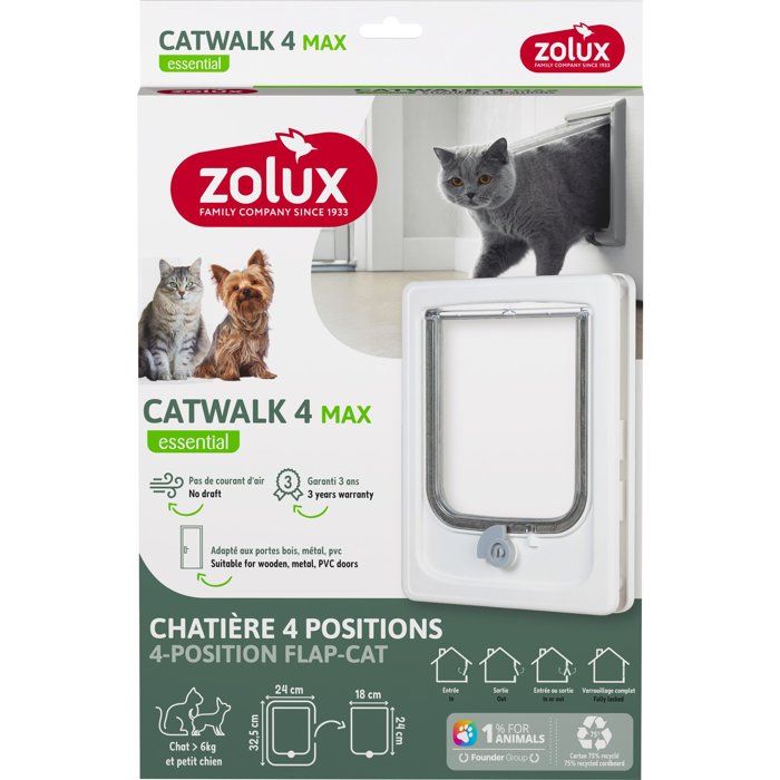 Chatiere 4 positions pour gros chat et petit chien - ZOLUX - L24 x H32,5 cm - Pour porte bois, PVC, métal - Catwalk - Blanc