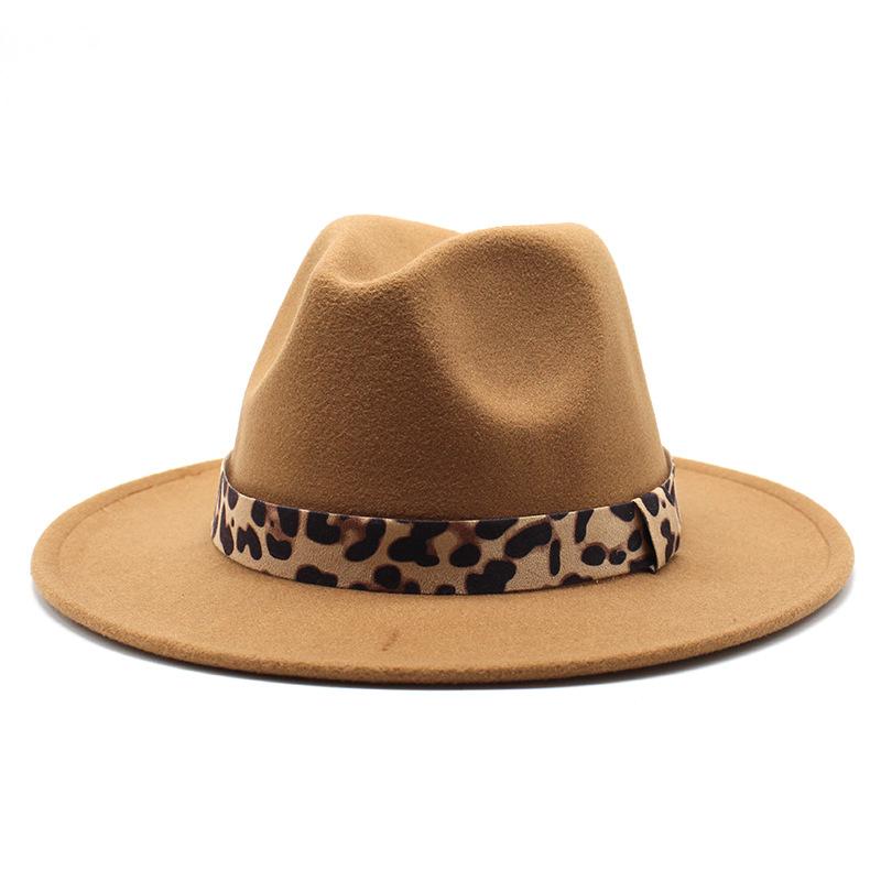 Woolen Top Hat Leopard Print Solid Color Hat Women'S Flat-Brimmed Big-Brimmed Jazz Hat 22 Colors