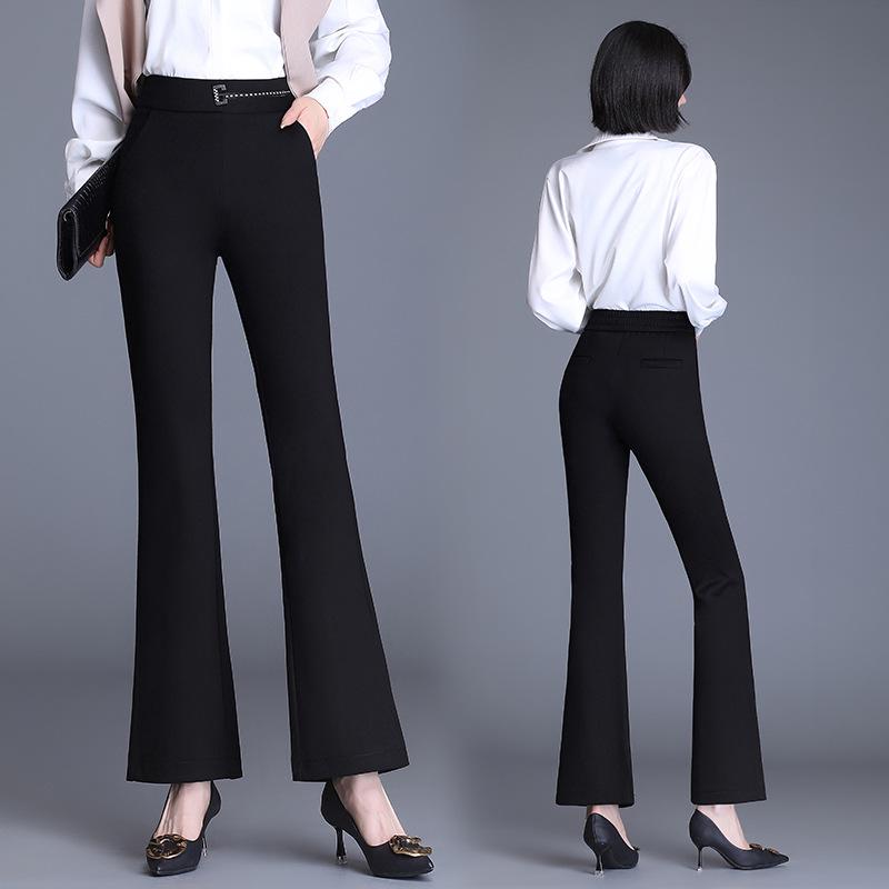Women's Black Micro-Flare High-Waisted Elastic Pants, Slim Fit, Plus Size, Casual Spring/Autumn 2025.