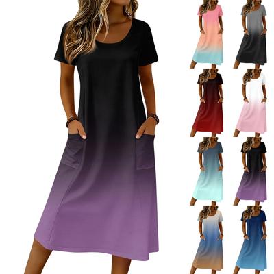 Vestido Midi Casual de Manga Corta con Estampado Degradado para Mujer con Bolsillos Corte Holgado Tejido Suave Cuello Redondo Vestido de Verano para Uso Diario