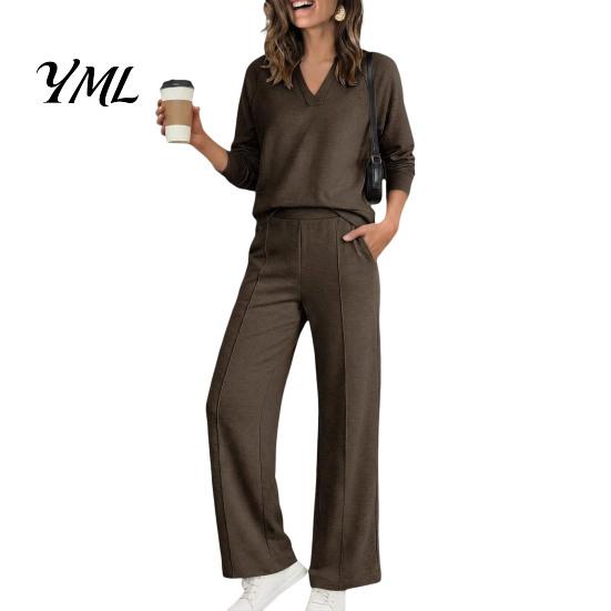 Solid Color Matching Sets Women Sweatshirt Pants 2-Piece Set, V-Neck Long Sleeve Top & Wide Fabric Fitness Clothing Leg Trousers with Elastic