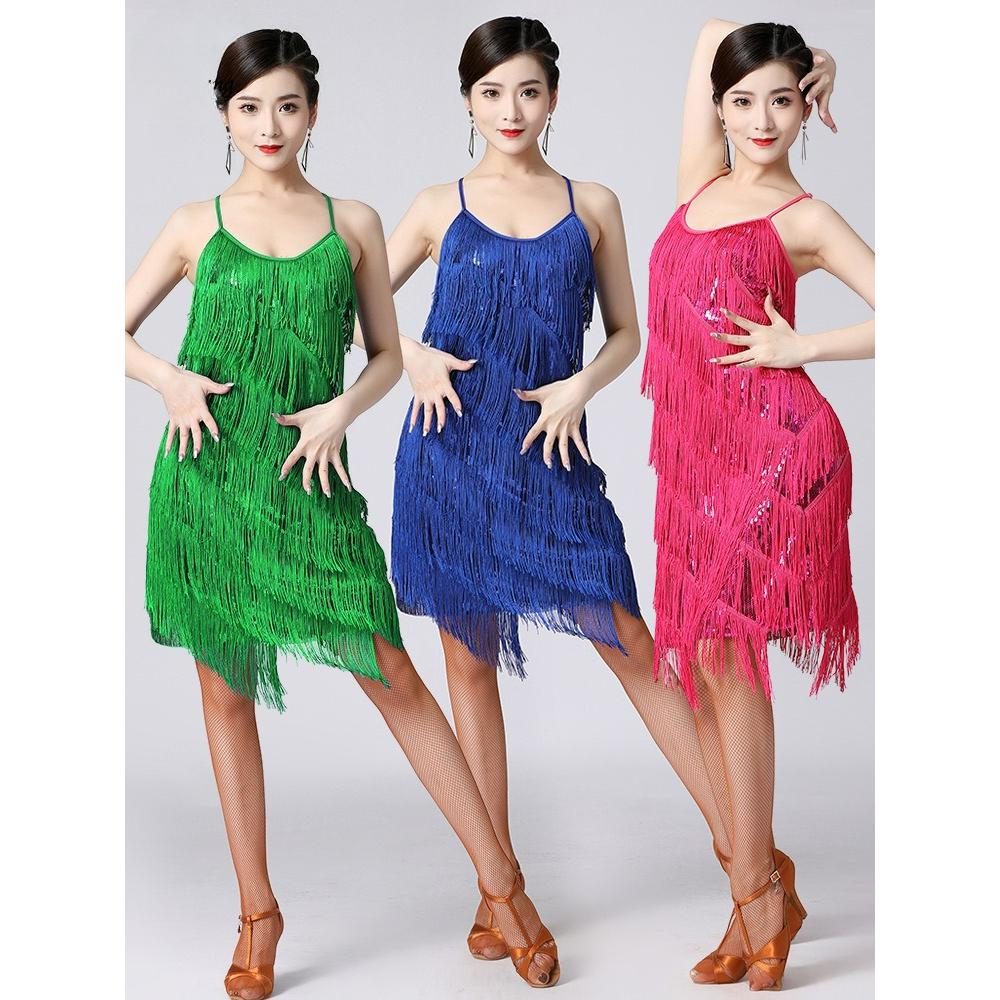 Latin Dance Sequined Tassel Skirt Latin Dance Skirt V-neck Party Dance Dance Skirt Performance Costume Stage