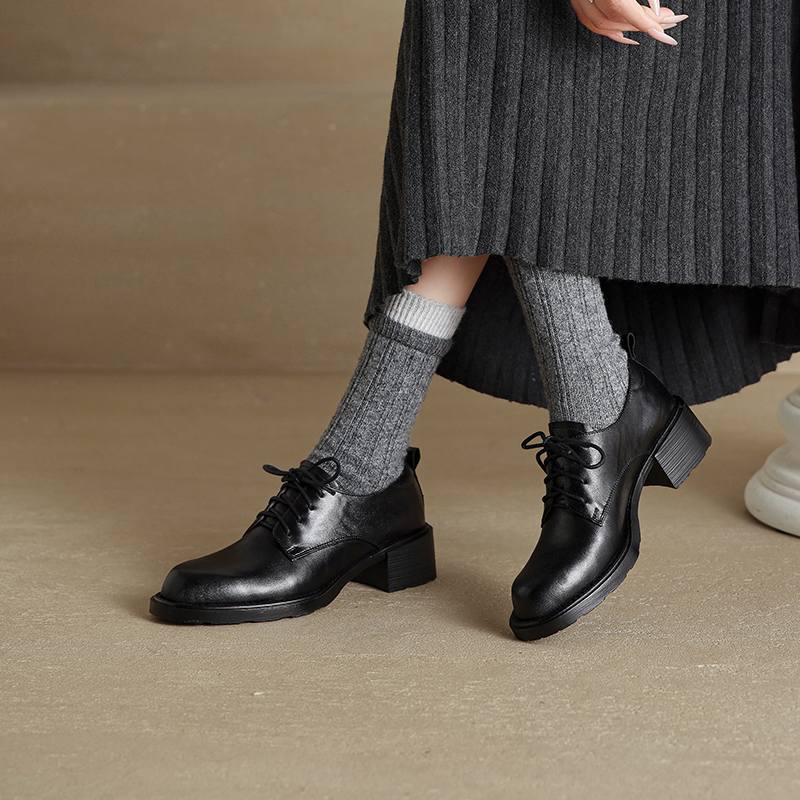 Krazing Pot Pelle di Pecora Punta Tonda Tacco Medio Allacciatura Scarpe Primavera Autunno Taglia Grande 41 Oxford Donna Pumps