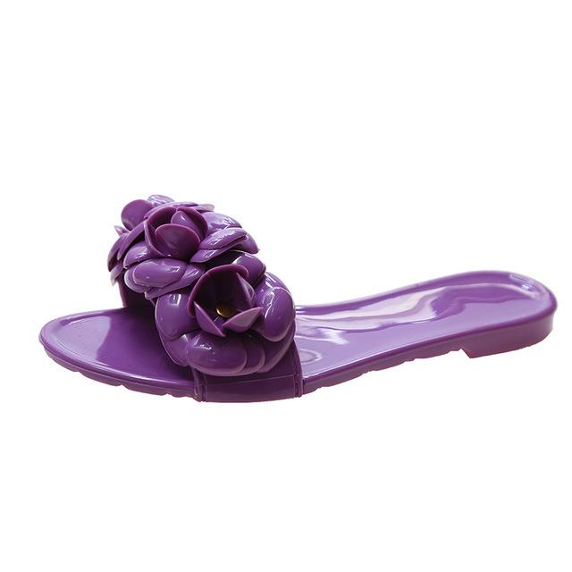 Fashion Comemore Sweet Women Flower Appliques Slippers Pvc Jelly Shoes Flat Heel Soft Elegant Leisure Slides Outdoor Beach Chinelos 2025