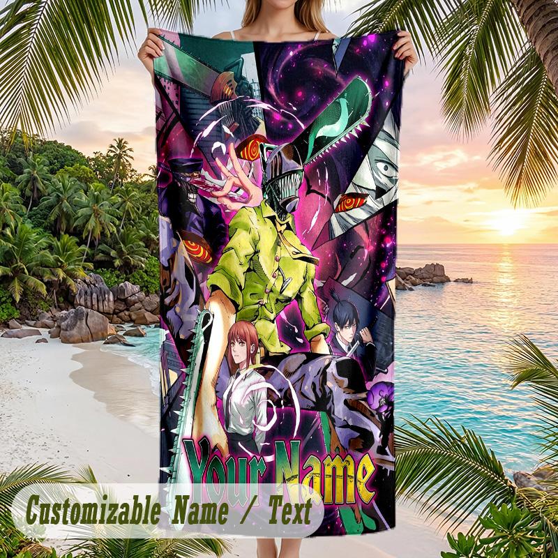 Chainsaw Man Beach Towel, Personalized Custom Name Text, Quick Dry Large Absorbent Towel For Beach Pool