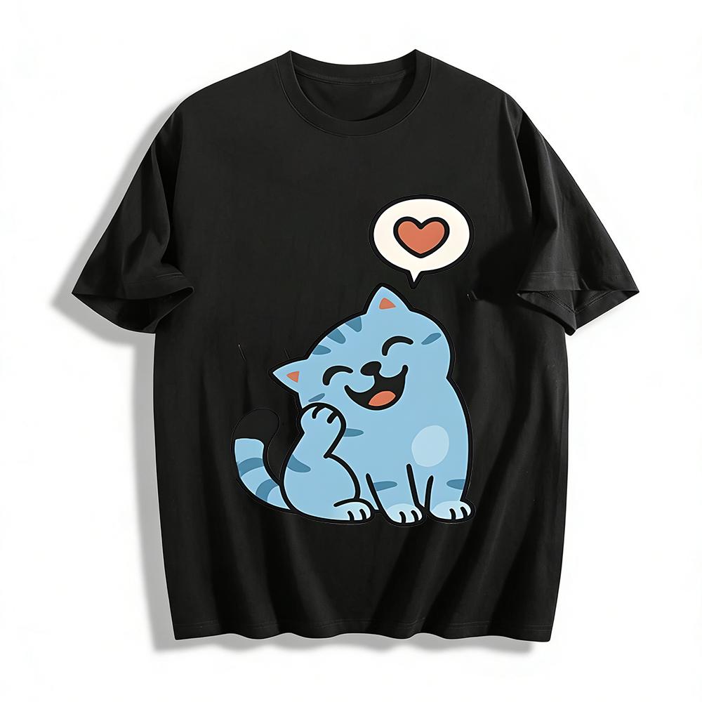 

Cute Blue Cat With Heart Print Casual T-shirt Unisex Loose Comfortable Breathable Daily Top Pure cotton T-shirt XXS