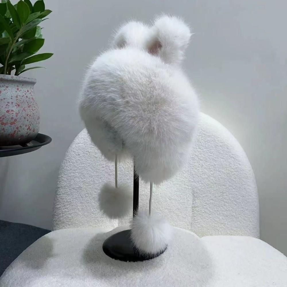 Fluffy Women's Lei Feng Cap Winter Warm Bunny Cat Ear Hat Fox Plush Ear Cap  New Year Gift
