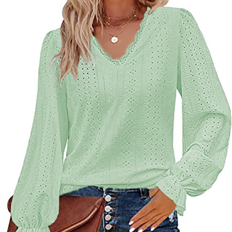 Camiseta Feminina Decote V Primavera Verão Outono Blusas Vazadas Casual Manga Pregueada Top Camisa