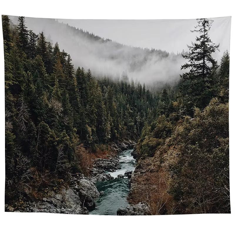 Wall Hanging Tapestry Psychedelic Nature Mountain Seascape Fog Forest Landscape Printed Living Room Bedroom Home Decor 74x94cm(29x37in)