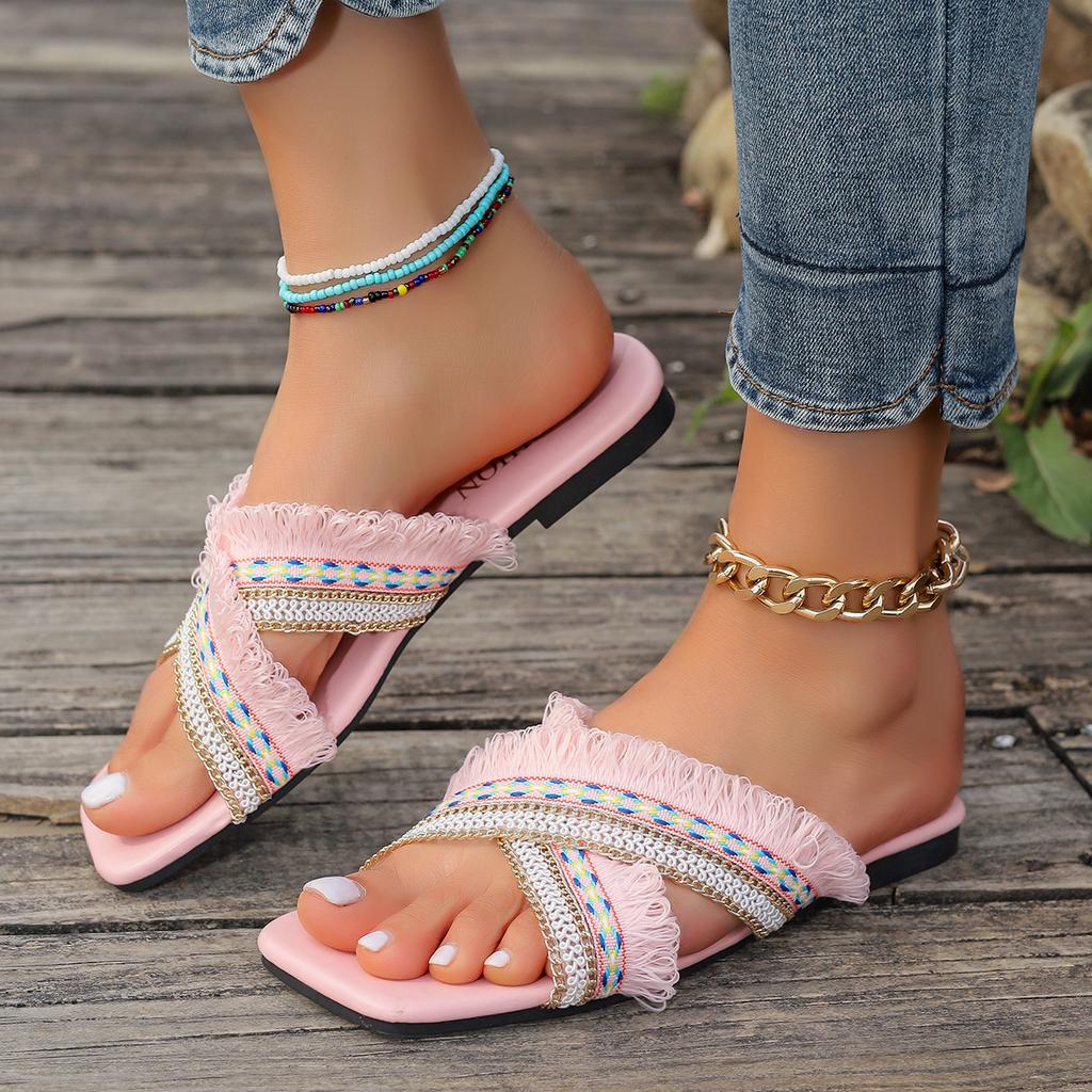 Fashion Women's Flat Slippers 2025 Summer New Fashion Bohemian Style Tassels Design Casual and Comfortable Slippers Zapatos Mujer