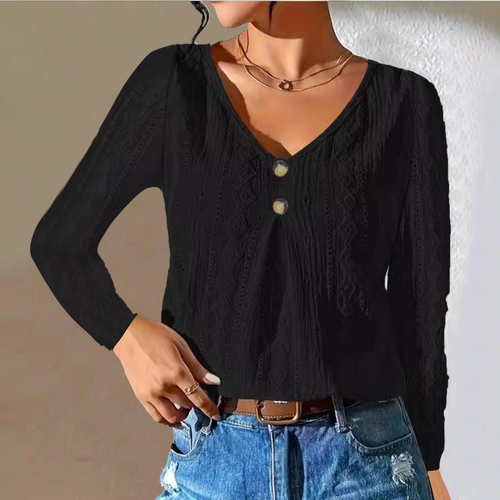 

Женский повседневный модный длинный рукав с пуговицами и V-образным вырезом, элегантный сексуальный осенний топ L чёрный