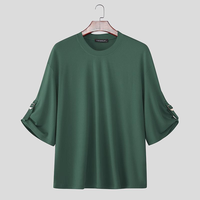 INCERUN Oversized Men Round Neck 3/4 Sleeve Rib Casual Loose T-Shirts Tops