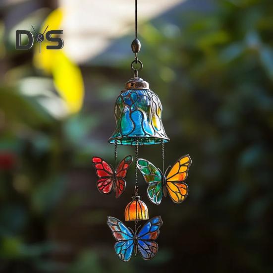 Butterfly Wind Chime Metal Stained Glass Wind Chime Hanging Decoration for Indoor Outdoor Garden Patio Porch Home Decor