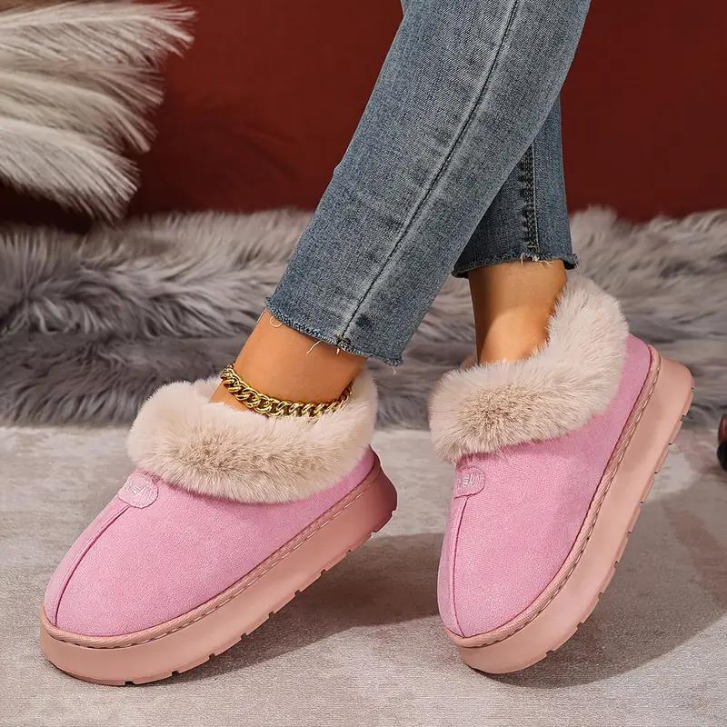 Women's Platform Boots Winter Fur Chunky Shoes Ankle Warm Plush House Fluffy Footwear Plush Lined Slip On EVA Sole Slippers New