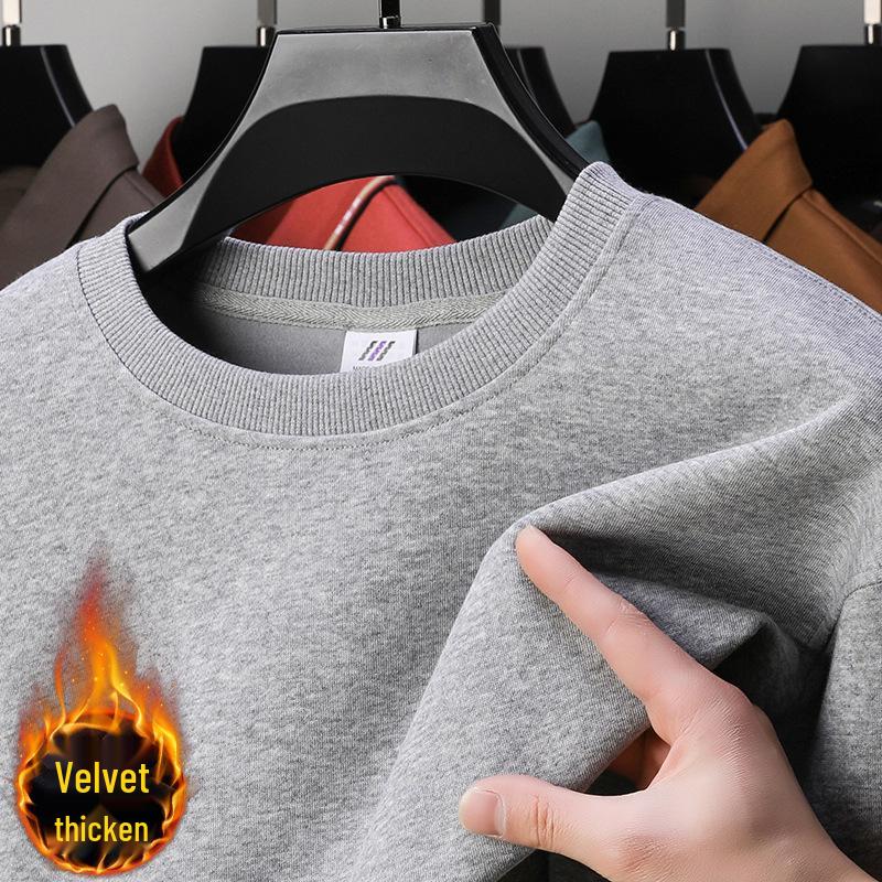 420g schwere Baumwolle Herren Verdickter Rundhals Samt Hoodie – Einfarbige Langarm Winter Basisschicht Hemd.