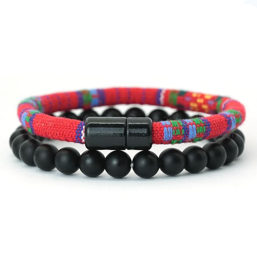 

Noter Bohemia 2Pcs Men Bracelet Set Handmade Weaven Ethnic Fabric Charm Braslet 8mm Onyx Stone Meditation Healing Braclet Joias червоний
