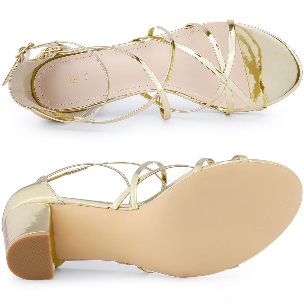 Allegra K Damsandaler med guldiga remmar och glänsande blockklackar, Storlek 26.0cm