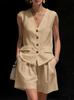 European-American Style Women's Cotton-Linen V-Neck Sleeveless Vest and Shorts Summer Set