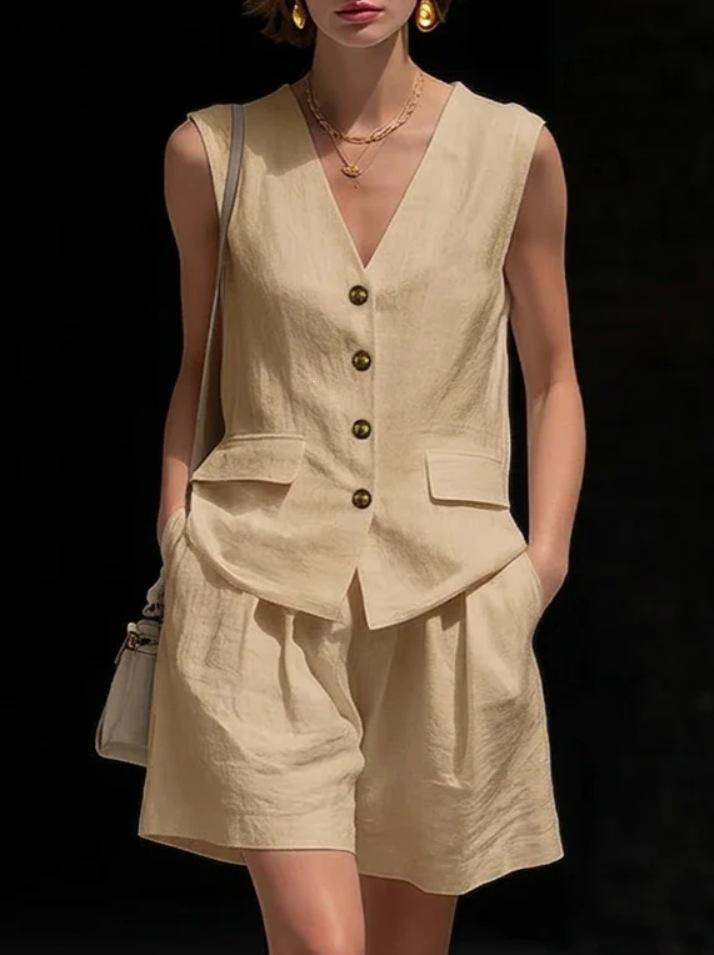 European-American Style Women's Cotton-Linen V-Neck Sleeveless Vest and Shorts Summer Set