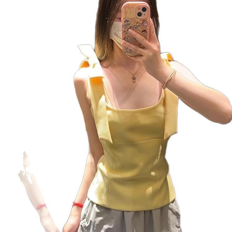 Slim and Thin Solid Color Sleeveless Square Neck Top Summer Sweet Niche Design Bow Sling Vest Women