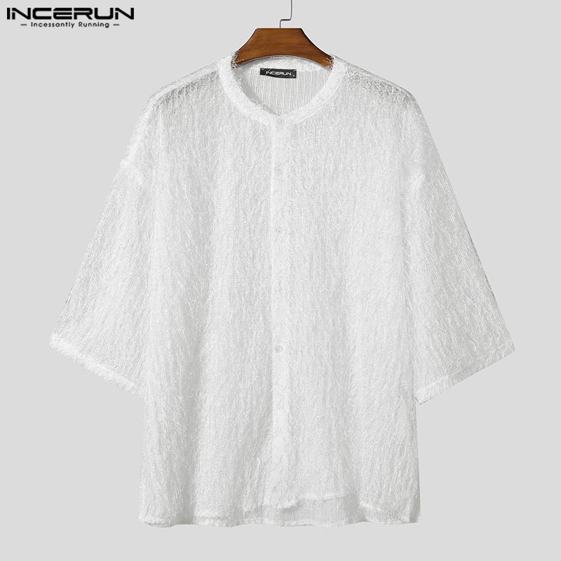 INCERUN Oversized Men 3/4 Sleeve Semi-Sheer Tassel Casual Loose Texture Shirts