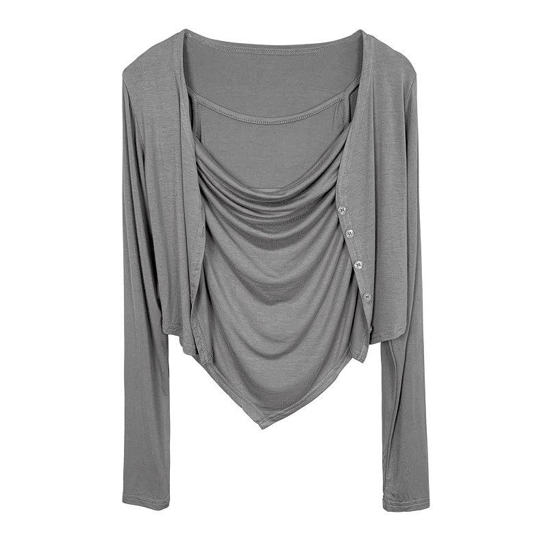 Korejský zeštíhlující bodycon set: Nařasené tílko a krátký kardigan pro ženy