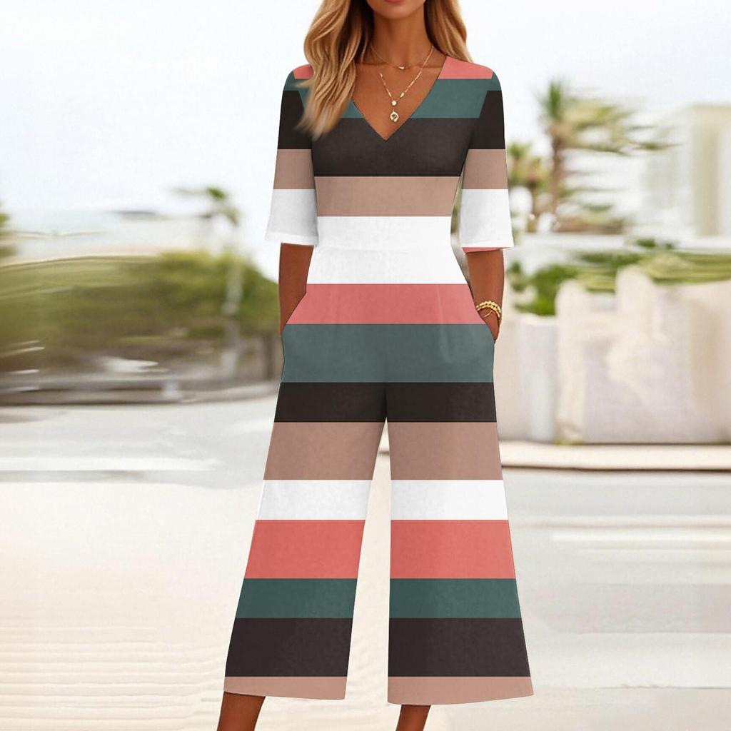 Dámský volný ležérní overal s potiskem s výstřihem do V, slim fit overal se širokými nohavicemi, overal se širokými nohavicemi