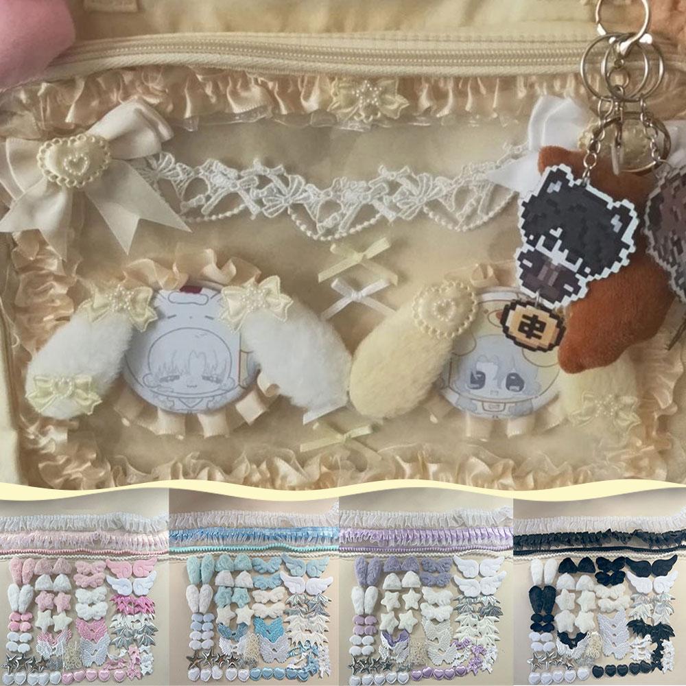 111 Pcs/kit Sweet DIY Decor Kit Lace Ribbon Bow Angel Wing Bunny Ear Bag Accessories Lolita Anime Card Badge Bags Handmade Decor