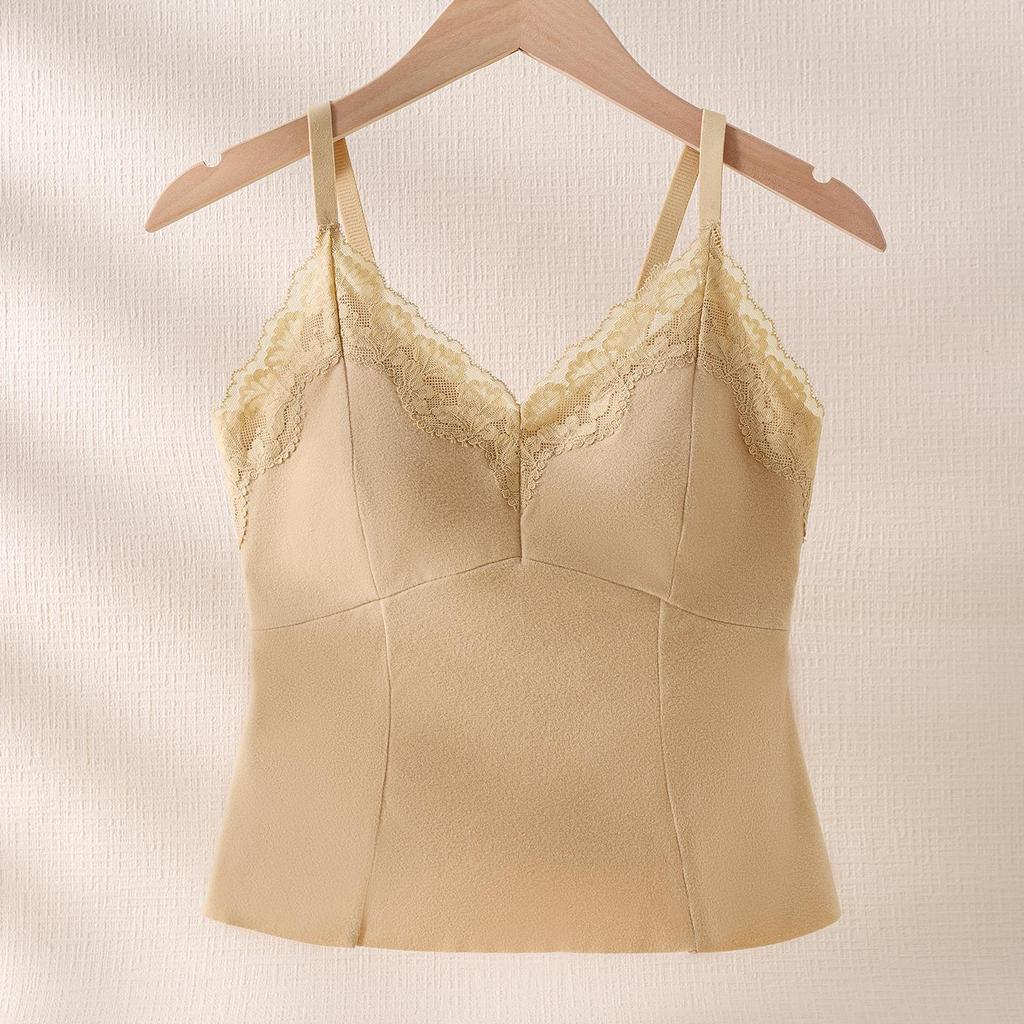 White-Enhancing V-Neck Lace Warm Camisole with Chest Pads - Women's Autumn/Winter Base Layer