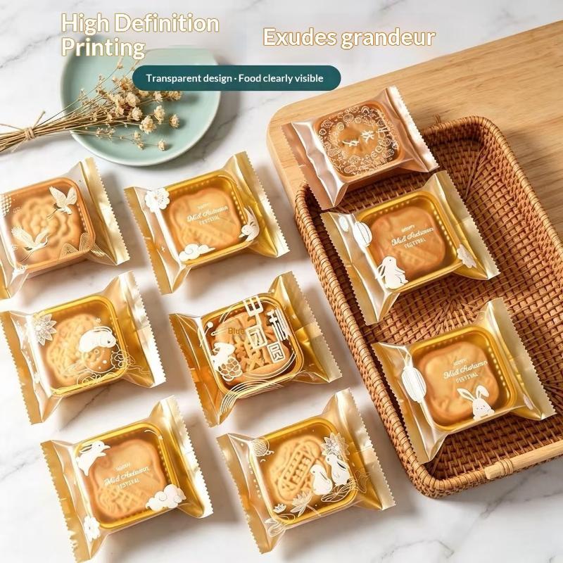 100Pcs Sealable Mooncake Packaging Bags Adorable Rabbit Prints Food Grade for Mid-Autumn Festival Baking Store Gift Packaging Use