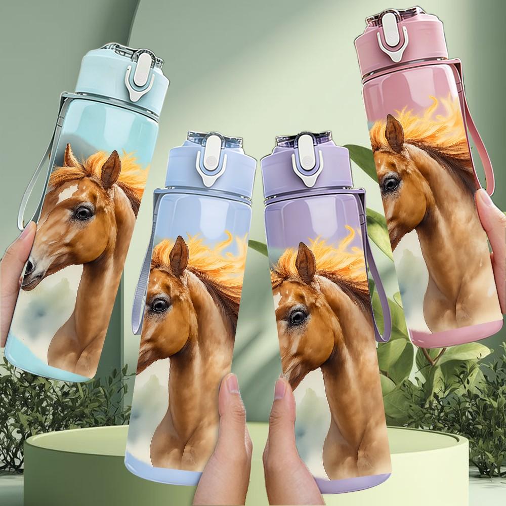 1PC Chestnut Brown Horse Head Print 750ml Color Plastic Sports Water Bottle Leakproof Flip Straw Lid Suitable for Sports Office Home Use