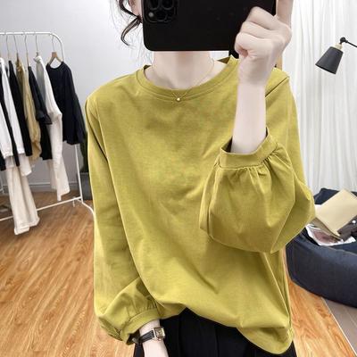 Yellow Crew Neck Lantern Sleeve Loose Long Sleeve T Shirt for Women