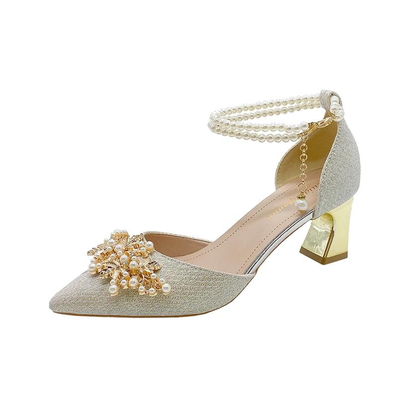 Fashion Shoes Women High Heels Women Wedding Shoes Bride Shoe Ladies Pumps Sandals Pearl Ankle Buckle Elegant Dress Women Heeled Shoes