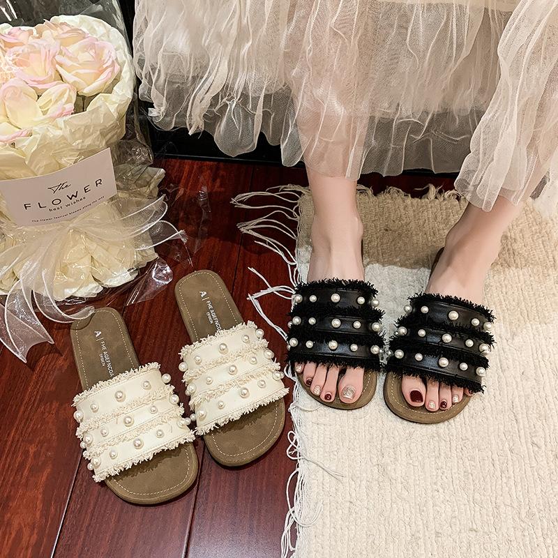French Fairy Style Pearl Cool Slippers Female Outer Wear Spring and Summer New Flat Lazy One Pedal Beach Sandals