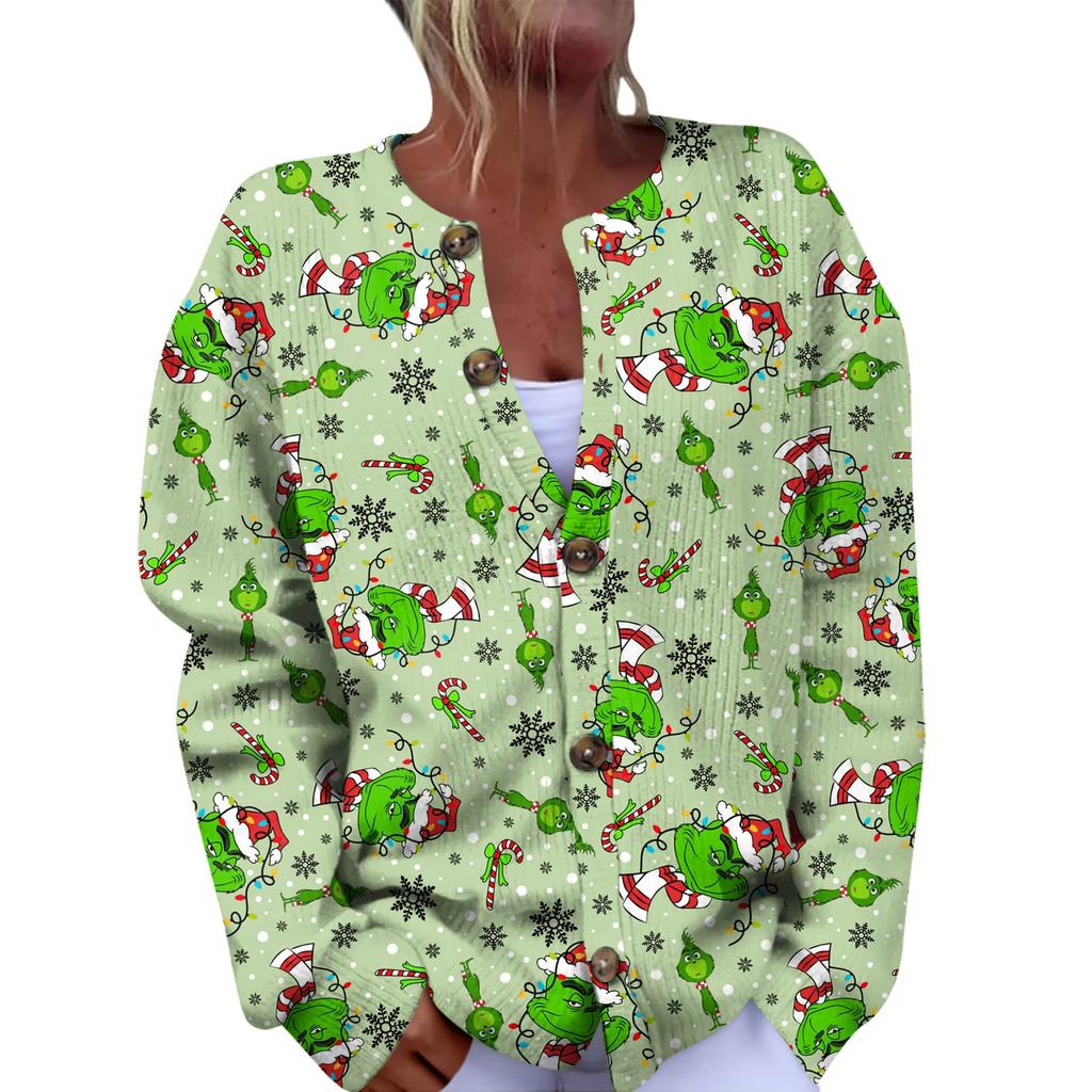 Women's Fashion Christmas Printed Long Sleeve Knitted Cardigan Button Down Jacket