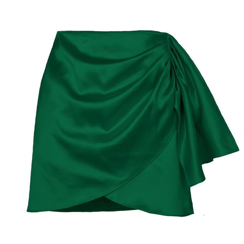 

Fashion Style Summer Asymmetrical Zipper Skirt Ruched Pure Color Satin High Waist Skirt Satin Skirt Green XL