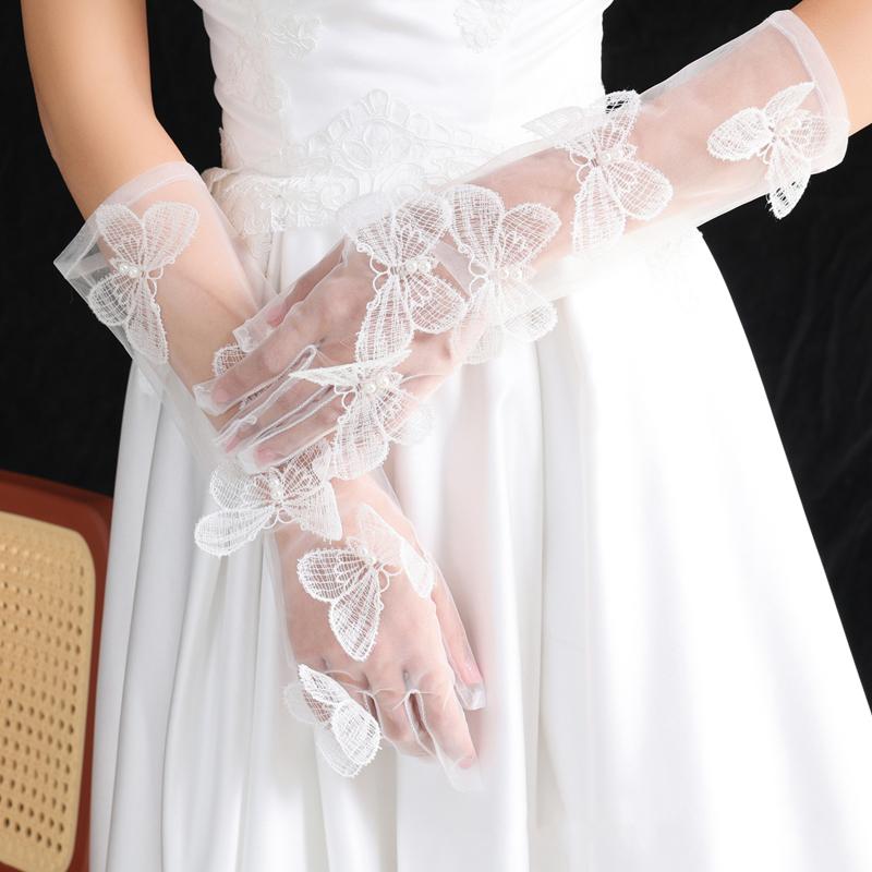 Gants Longs en Dentelle Papillon en Maille Blanche Accessoires Robe de Mariée Mariée Élégants Fins Transparents Décoration de Fête Gants Coudes