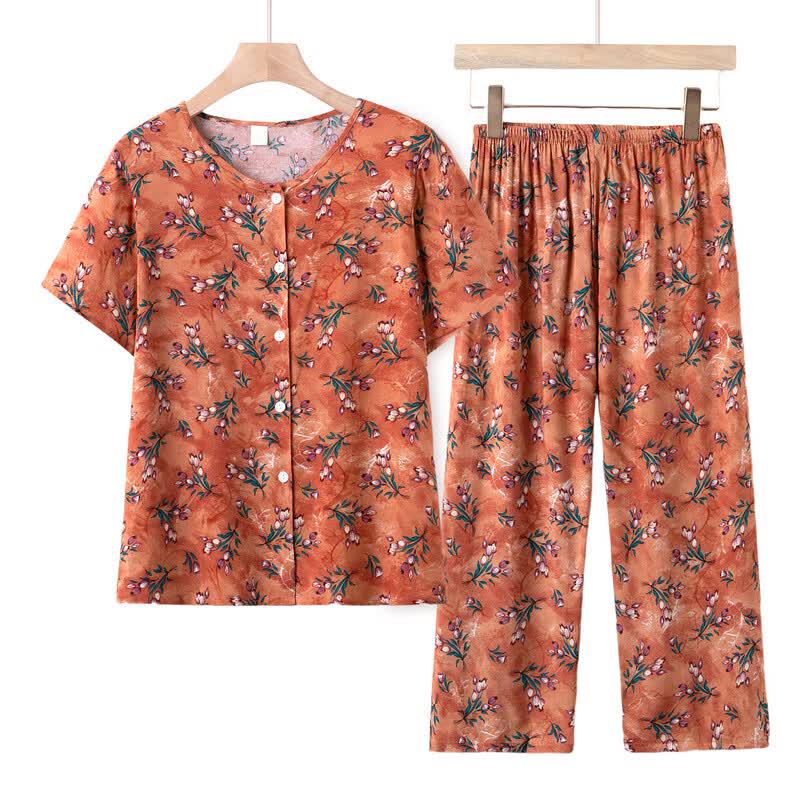 Women's Floral Print Short Sleeve Two-Piece Summer Set