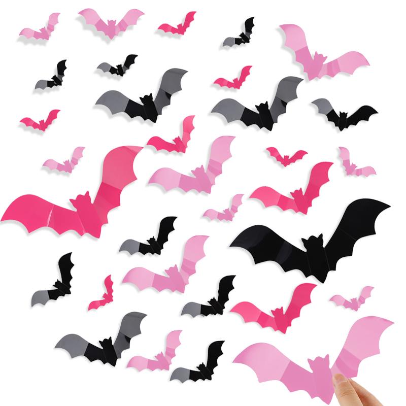 24/48 Stück Halloween Rosa Fledermäuse Fensteraufkleber 3D Gruselige Fledermaus Wand DIY Aufkleber für Halloween Zuhause Kinderzimmer Innen- und Außendekoration
