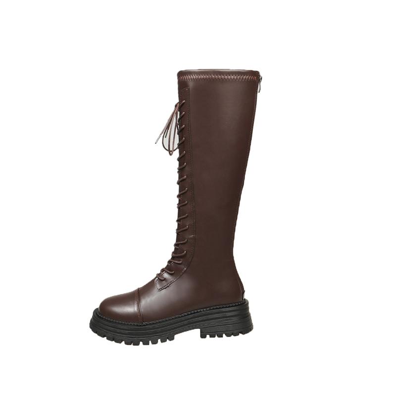 Fashion Women High Boots Flats Platform Leather Shoes Knee High Knight's Boots Fashion New Elegant 2025 Winter Lace Up Shoes Mujer Botas