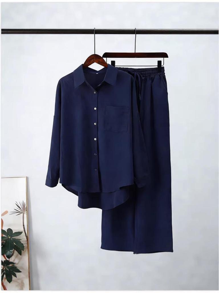 Lightweight Cotton Linen Wide-Leg Pants & Casual Loose Shirt Set - Plus Size, Spring/Autumn