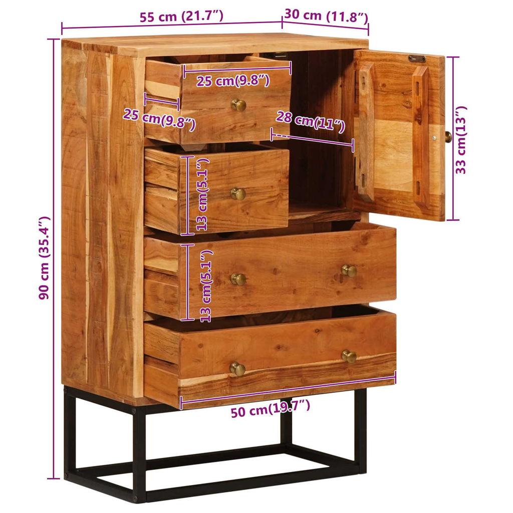 5 Drawer Chest of Drawers in Natural Finish 55 x 30 x 90 cm Solid Acacia Wood