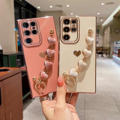 Luxury Plating Square Case For Samsung Galaxy S24 S23 Plus S22 Ultra S21 A13 A52 A55 A53 A23 A12 Hearts Bracelet Soft Case